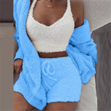 3 Piece Sexy Fluffy Outfits Plush Velvet Hooded Cardigan Coat+Shorts+Crop