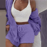 3 Piece Sexy Fluffy Outfits Plush Velvet Hooded Cardigan Coat+Shorts+Crop