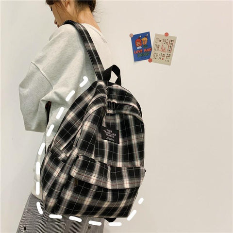 Fashion Plaid Canvas Women Backpack