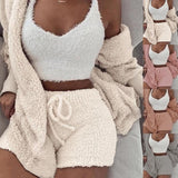 3 Piece Sexy Fluffy Outfits Plush Velvet Hooded Cardigan Coat+Shorts+Crop