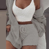 3 Piece Sexy Fluffy Outfits Plush Velvet Hooded Cardigan Coat+Shorts+Crop