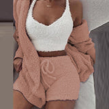 3 Piece Sexy Fluffy Outfits Plush Velvet Hooded Cardigan Coat+Shorts+Crop