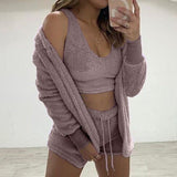 3 Piece Sexy Fluffy Outfits Plush Velvet Hooded Cardigan Coat+Shorts+Crop