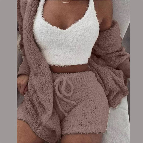 3 Piece Sexy Fluffy Outfits Plush Velvet Hooded Cardigan Coat+Shorts+Crop