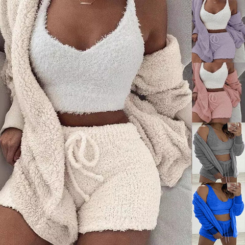 3 Piece Sexy Fluffy Outfits Plush Velvet Hooded Cardigan Coat+Shorts+Crop