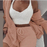 3 Piece Sexy Fluffy Outfits Plush Velvet Hooded Cardigan Coat+Shorts+Crop