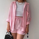 Summer Fashion Chic Pleated Lapel Shirt Sets With High Waist Shorts Sets