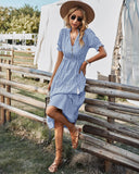 Women's Striped Lantern Sleeve Summer Causal V-neck Dress