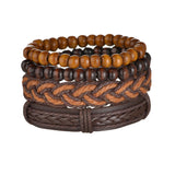 MeMolissa Braided Wrap Leather Men's Bracelets with Wood Beads Set