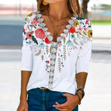 Women's Loose and Comfortable Casual Lace V Neck Printed Blouse