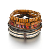 MeMolissa Braided Wrap Leather Men's Bracelets with Wood Beads Set