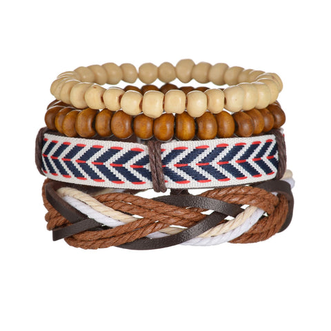 MeMolissa Braided Wrap Leather Men's Bracelets with Wood Beads Set