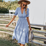 Women's Striped Lantern Sleeve Summer Causal V-neck Dress