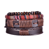 MeMolissa Braided Wrap Leather Men's Bracelets with Wood Beads Set