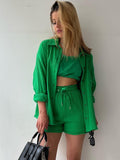 Summer Fashion Chic Pleated Lapel Shirt Sets With High Waist Shorts Sets