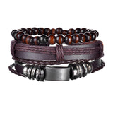 MeMolissa Braided Wrap Leather Men's Bracelets with Wood Beads Set