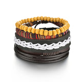 MeMolissa Braided Wrap Leather Men's Bracelets with Wood Beads Set