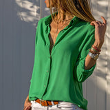 Spring Summer Elegant Long Sleeve Solid V-Neck Chiffon Blouse