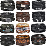 MeMolissa Braided Wrap Leather Men's Bracelets with Wood Beads Set