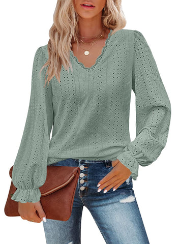 Casual Lace V-neck Long Sleeve Ruffle Women Blouse