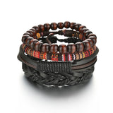 MeMolissa Braided Wrap Leather Men's Bracelets with Wood Beads Set