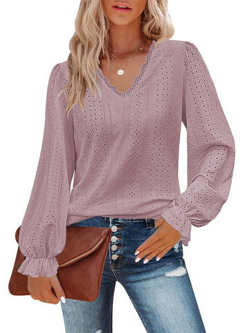 Casual Lace V-neck Long Sleeve Ruffle Women Blouse